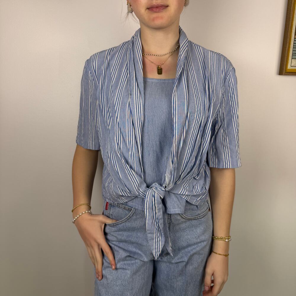 LESLIE FAY STRIPE TIE FRONT SHIRT VINTAGE 90S SIZE MEDIUM